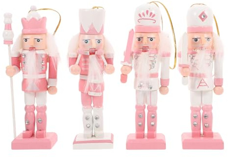 4Pcs Christmas Nutcrackers Figurines, Small Wooden Nutcracker Pink Hanging Nutcrackers Decorations Christmas King Soldier Figures With Ropes for Xmas Party Home Decor (4.7inch)