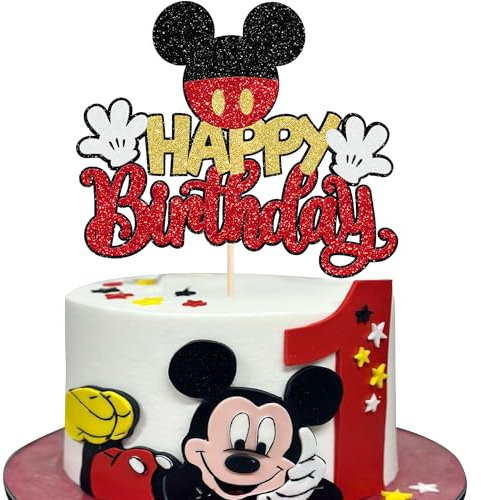 SYKYCTCY 1 Pack Mouse Happy Birthday Cake Toppers Glitter White Gloves Mouse Inspired Birthday Cake Pick for Baby Shower Kids Birthday Party Cake Decorations Supplies Red