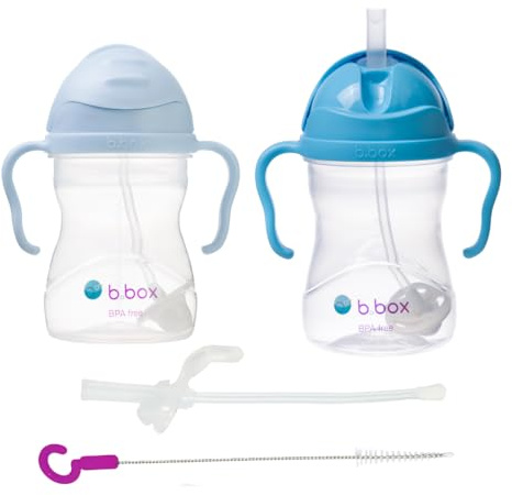 b.box Tasse à paille | Lot de 2 avec paille de rechange et brosse | Bébé 6m+ | Sans BPA | Anti-fuite | Compatible lave-vaisselle | 240ml | Lot de 2 | Bleu clair/Bleu foncé