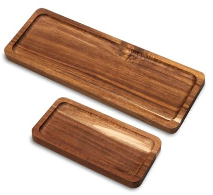 Bofanze 2 Piezas Bandeja de Madera Rectangular de Natural Bandeja de Servir de Madera de Acacia Bandeja de Madera Bandeja Decorativa para Pan, Postres, Café y Pasteles