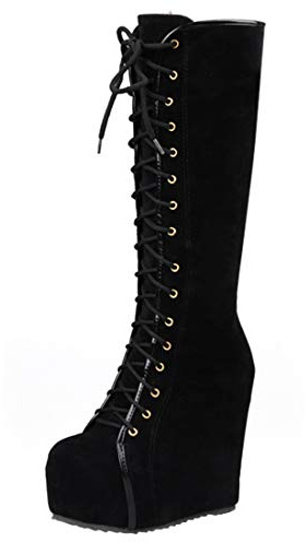Bellirala Womens Hidden Wedge Heels Boots Knee High Lace Up Platform Boots with Zip Black,US Size 9