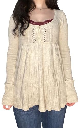 Kvinnor Y2k Harajuku Babydoll-tröjor Fairycore långärmad knapp fyrkantig hals tunika blus E-Girl retro estetiska tröjor, A-vit, M
