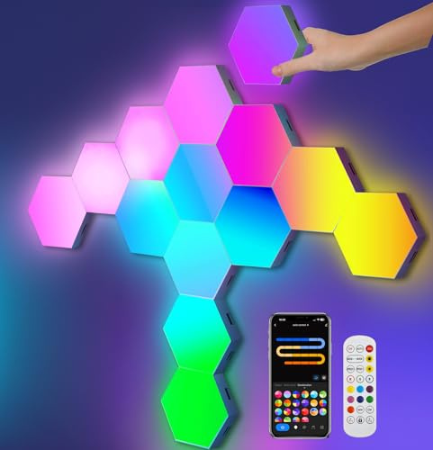 Hexagon LED Panel für Gaming Setup, 14 Smart Home Gaming LED Sechseck Wandleuchte Funktioniert mit Alexa Google Assistant, Gaming Wandpaneele Sprach- App-Steuerung Musik Sync für Zimmer Deko Geschenk