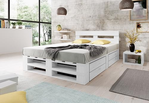 Lermowood Palettenbett M2 aus Holz 180 x 200 cm Weiß mit Kopfteil und 2 Bettkästen Holzbett 30cm Stabiles Seniorenbett Kinderbett Jugendbett Gästebett erhöhtes Bettgestell Futon Komforthöhe Naturholz
