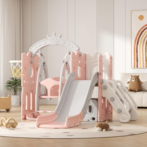 Rutsche mit Klettergerüst für Kinder: Indoor Spielplatz mit - Aufbewahrungsbox Tunnel Treppenleiter Basketballkorb und Durchgangsbereich Gartenrutsche (Tower-J-Pink)