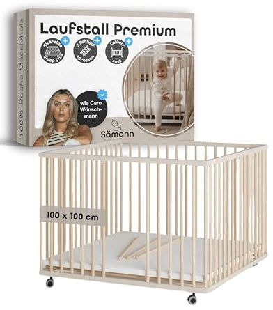 Sämann Laufstall Baby mit Matratze SleepPlus, Lattenrost und Schlupfsprossen | stufenlos höhenverstellbar | Laufgitter Premium | Babybett aus Holz | Krabbelgitter (sahara dust/natur, 100x100 cm)