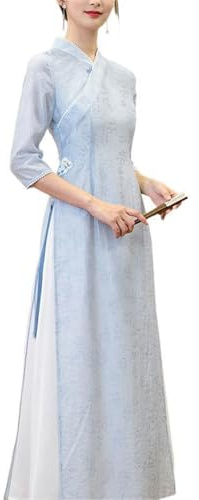 Col en V Style Long Robe Vietnamienne Ao Dai Manches 7 Minutes, Robe Vietnam for Femme Ao Dai Mariage Robe de Soirée, Qipao Quotidien Cheongsam Robe Chinoise(S)