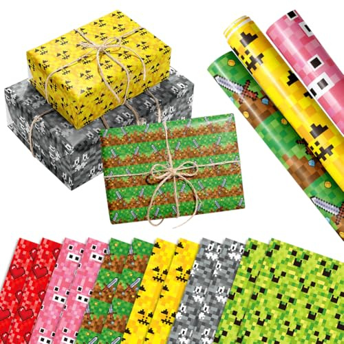 YCVBCY Minnecraft Geschenkpapier Gaming-Geschenkpapier Geburtstagsgeschenkpapier 12 Blatt Geschenkpapiers im Videospiel-Design Birthday Gift Wrapping Paper für alle Geburtstagsanlässe