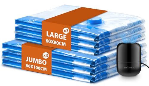 Vacuum Compression Storage Bags for Clothes - 6 Pack Reusable Space Saver Bags with Wired Electric Air Pump for travel (3J + 3L)