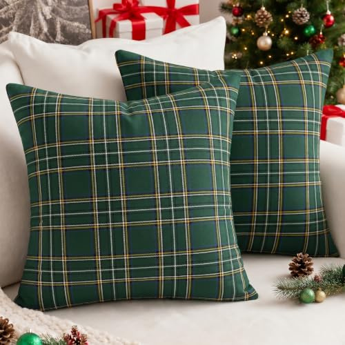 Vorysum 2er Set Grün Weihnachten Kissenbezug 50x50 cm Samt Karierte Winter Weihnachtsdeko Kissenbezüge Dekokissen Kissenhülle Zierkissen Christmas Wohnzimmer Büro Hotel