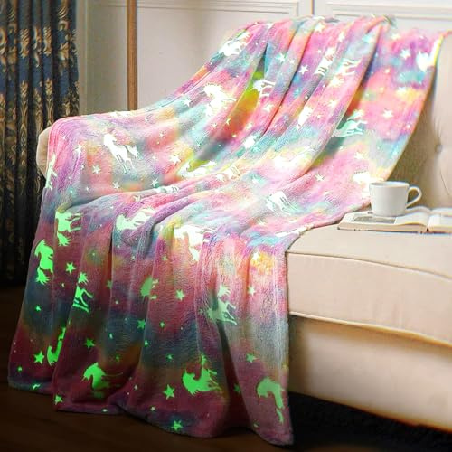 YNNHUDEEP Kuscheldecke Kinder für Mädchen Junge, 150 x 130 cm, Einhorn Rosa | Glow in the Dark, Weiche Flauschig, Babydecke, Sofadecke, Kuschelig Warme Geschenk Decke für Weihnachten Geburtstag Ostern