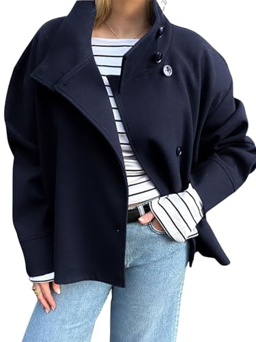 LIEROLYE Manteau Court en Laine pour Femme, Veste Blazers Courte À Simple Boutonnage Et Col Montant pour Le Bureau(Navy Blue,S)