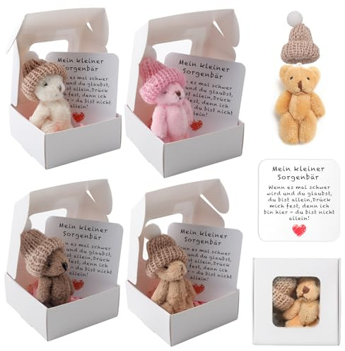 TOGETDREAM Pocket Hug Positive Mini-Teddybär, Bär In Einer Box Mini-Plüsch Figuren Lustige Teddy-bär Puppe Sorgenbär-Umarmung in Einer Box Kleines Tier Mit Inspirierender Karte (4 Farben)