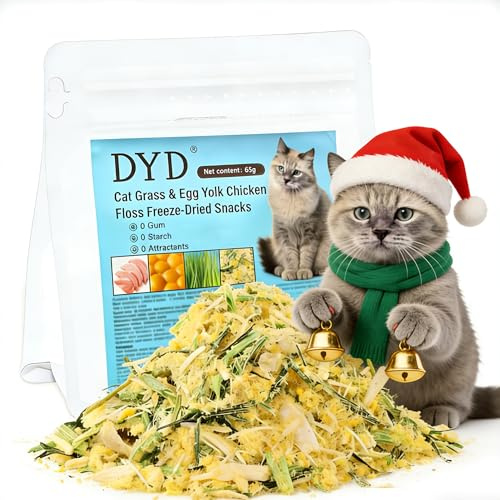 Hierba para Gatos con Pollo Liofilizado y Yema de Huevo - Golosinas para Gatos 65g, Proteína ≥45%, Reduce Acumulación Gastrointestinal, Snack Saludable para Mascotas