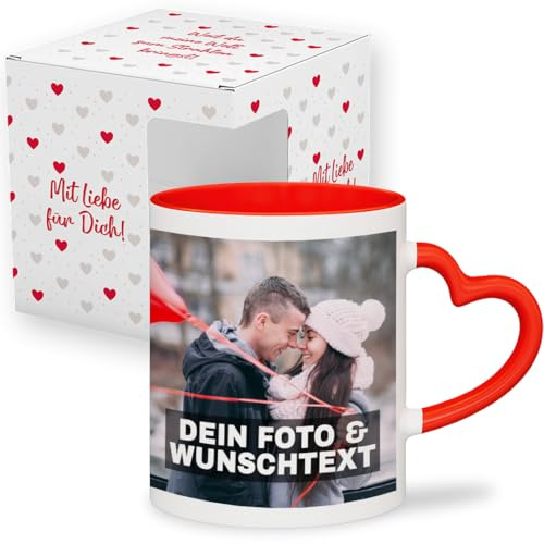 Tasse mit Herz personalisiert – Becher individuell mit Foto und Text | Kaffeetasse & Teetasse | Geschenk für Partner, Liebe, Valentinstag, Weihnachten & Muttertag | Rot mit Geschenkkarton Liebe