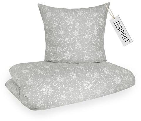 Esprit Flanell Bettwäsche 135x200 Baumwolle Grau Schneeflocken - Luxus Bettwäsche-Set 2teilig - kuschelig & flauschig - 135 x 200 - Bettwäschebezug & Kopfkissenbezug 80x80cm - Winter & Weihnachten