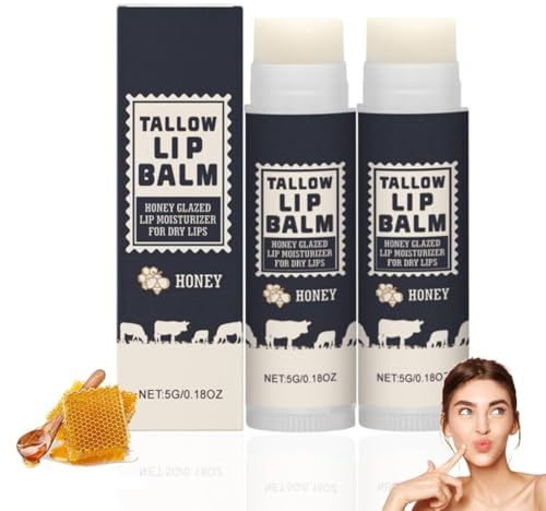 2 Stück Beef Tallow Balm, Natural Beef Tallow Honey Balm, Natürlicher Lippenbalsam mit Weiderinder, Gras-Fed Beef Tallow Lippenbalsam Honig, Schnell Absorbierend Lippenpflege für Trockene Haut