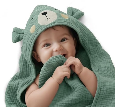 Blissful Diary Asciugamano con cappuccio in mussola, asciugamano da bagno morbido e assorbente per neonati, neonati, bambini, unisex, 81 x 81 cm, orso intelligente