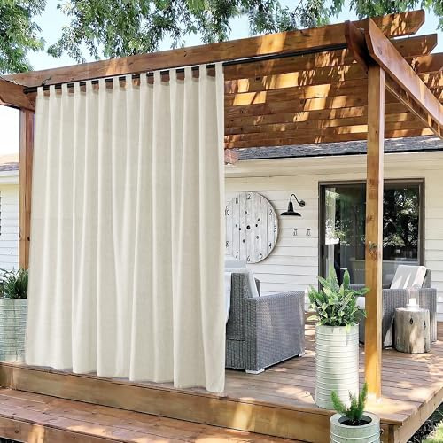 PONY DANCE Halbtransparente Leinen Outdoor Gardinen Boho 1er Set H 213 x B 254 cm wasserdichte Outdoorvorhänge mit Klett-Schlaufen Balkon/Terrasse Vorhang Outdoor, Beige