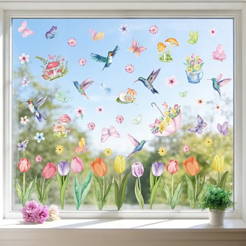 Joeyan 9 Hojas Pegatinas Primavera Ventanas Cristal,83 PCS Vinilos Electrostáticas de Doble Cara con Tulipanes Florales Mariposas y Pájaros, Stickers Reutilizable Decor para Casa,Hogar,Puertas,Tiendas
