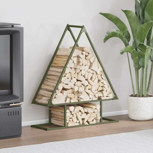 Mokuyary Étagère à bois de chauffage vert olive - 80 x 25 x 90 cm - En acier laminé à froid - Support pour bois de chauffage - Support en bois de chauffage - Étagère de rangement pour bois de