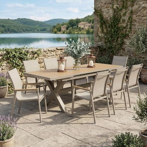 IDIMEX Gartenmöbelset LAGOA 1 Tisch 8 Stühle, 180 x 80 cm, Champagne/Natur – ausziehbarer Gartentisch mit pflegeleichter WPC-Platte in Holzoptik, wetterfest, Aluminiumgestell, für Terrasse & Balkon