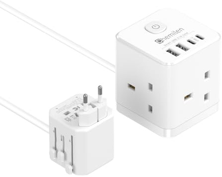 Universal Travel Adapter Worldwide | 7-in-1 International Plug Adaptor with 1.5M Extension Cable, 3 UK Sockets & 4 USB, UK to EU US JP AU (Type A/C/G/I)