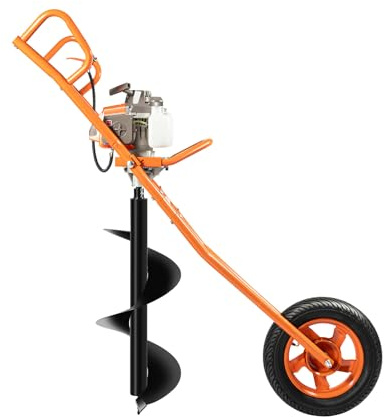 BTGSHYNM 63CC bensin jordborr, 2-takts encylinder jordhålsborr, med handvagn och hjul, 60–300 mm borr, startmotor för trädgårdsborr, 1,3 l bränsletank, hammapparat för jordbruk