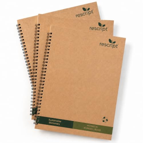 rescript A4 Lined Notebook 80 Pages 3 Pack, Spiral Bound Ruled A4 Note Books, 100% Recycled School Notebook and Pads for Homework, Revision, College and Work, Off White Unbleached Paper