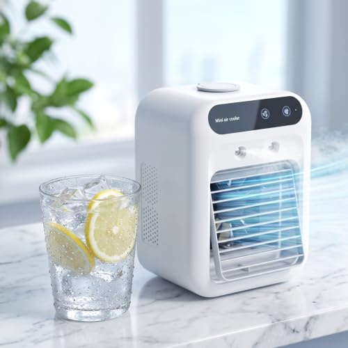 Mobile Klimaanlage ohne Abluftschlauch, Tragbare Mini Tisch Klimagerät, Luftkühler mit Wasserkühlung Leise Ventilator, Portable Air Conditioner, Air Cooler, Verdunstungskühler Kühlgeräte Schlafzimmer