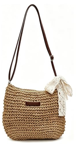 BSITSSS Straw Beach Bag for Women, Brown Crochet Crossbody Bag for Holiday | Straw Shoulder Handbag Brown, Summer Woven Beach Tote Bag Hand Cross Body Bag for Women Travel Vacation Shopping Holiday