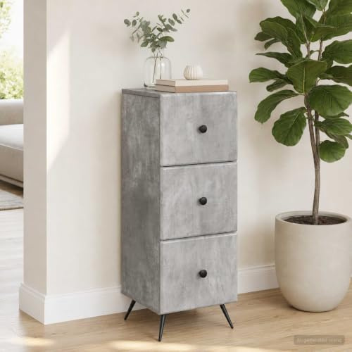 Ziaphsol betonggrått lådskåp 33 x 34,5 x 90 cm trämaterial med 3 lådor mångsidigt förvaringsutrymme för kontor, vardagsrum, sovrum, hall eller kök, låsbart, hållbart