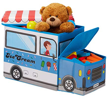 Relaxdays Sgabello Bambini Contenitore Giocattoli con Scomparto, Pieghevole & Salvaspazio, Camioncino Gelato, 50 l, Blu