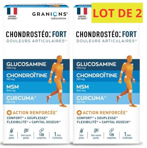 GRANIONS CHONDROSTEO+ FORT Articulations - Formule Renforcée - Curcuma - Mobilité & Souplesse Articulaire, Flexibilité, Capital Osseux - Glucosamine, Chondroïtine, MSM, Curcuma - 120 comprimés