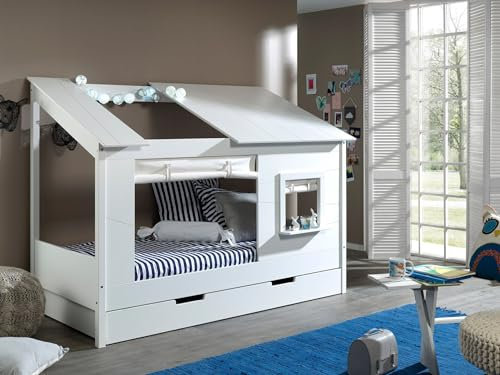 Vipack Baumhaus Bett 90 x 200 cm Liegefläche, inkl. Vorhang Set und Bettschublade, offenes Dach Weiß lackiert Weiß