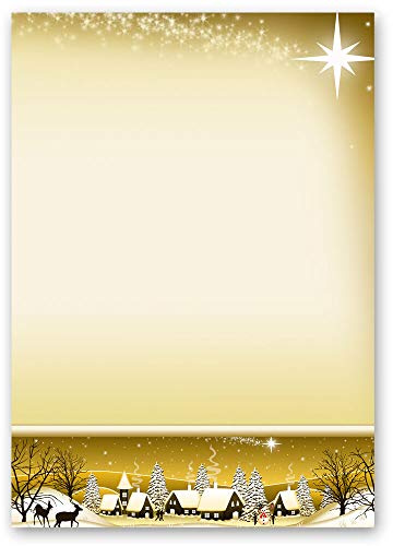 50 Blatt Briefpapier Weihnachten, Jahreszeiten - Winter WINTERDORF GOLD - DIN A5 Format - Paper-Media