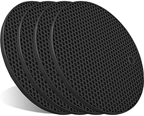 Topfuntersetzer für heiße Töpfe und Pfannen, hitzebeständig, Silikon, extra dick, groß, rutschfest, Schwarz, 4 Stück