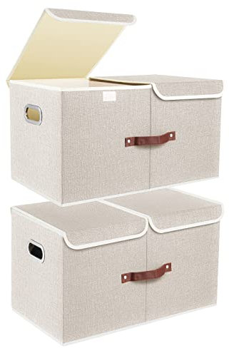 TYEERS Extra Grandi Scatole Portaoggetti a Scomparti, Tessuto, Pieghevole, Contenitore a Scomparti, 55x33x30 cm, Set di 2, Beige