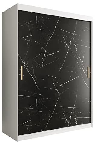Kleiderschrank Kamoga T, Schwebetürenschrank mit 2 Kleiderstangen, Marmor Optik Muster, Schiebetürenschrank für Schlafzimmer, Garderobe (Modell 150, mit Schubladen, Weiß/Marmor Schwarz + Gold)