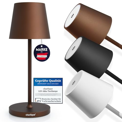 charlique® LED Akku Tischlampe - kabellos, braun 28 cm, dimmbar, Aluminium