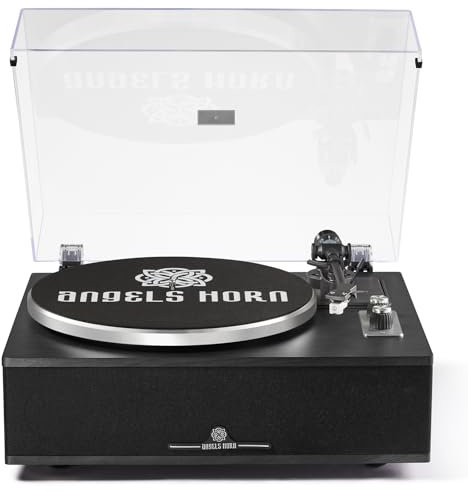ANGELS HORN Giradischi Vinile Bluetooth | Giradischi Hi-Fi a 2 velocità con altoparlanti integrati | Include preamplificatore Phono & Cartuccia magnetica AT-3600L | Edizione classica nera