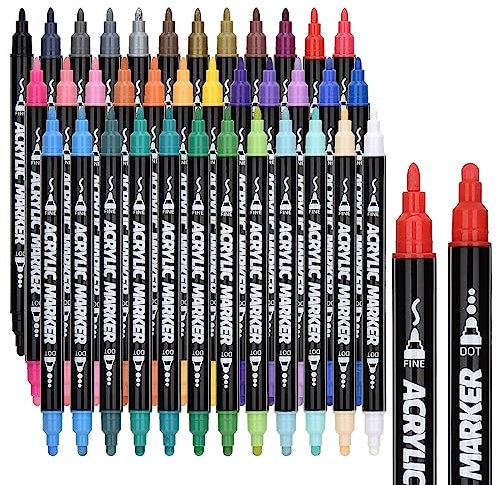 DealKits 36 Farbige Acrylstifte, Dual Tip Stifte für Steine Bemalen, Wasserfest Multimarker Doppelspitze Acryl Permanent Marker für Leinwand Papier Fotoalbum Gästebuch Holz Eier