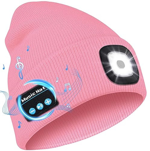 Deilin Bluetooth Mütze mit LED Lampe für Männer und Frauen, Mütze mit Licht 4 LED Lampe USB Aufladbar Bluetooth 5.0 Hut mit Stereo Kopfhörern, Geschenk Weihnachten Geburtstag, Rosa
