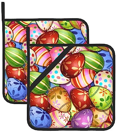 Bunte Eier Ostern Vintage Topflappen 2er-Set, Topflappen für die Küche, hitzebeständige Topflappen, Hot Pads für die Küchentheke, Topflappen mit Schlaufe, Topflappen zum Kochen, Grillen und Backen