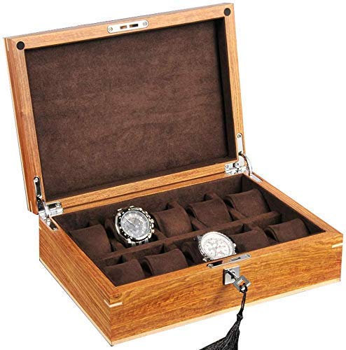 BONOOL Uhrenbox aus Holz mit 10 Fächern, für Uhren, Schmuck, Aufbewahrung, abschließbar, Metallschloss, Vitrine, Organizer, Glasdeckel für Männer und Frauen, Geschenk der Liebe
