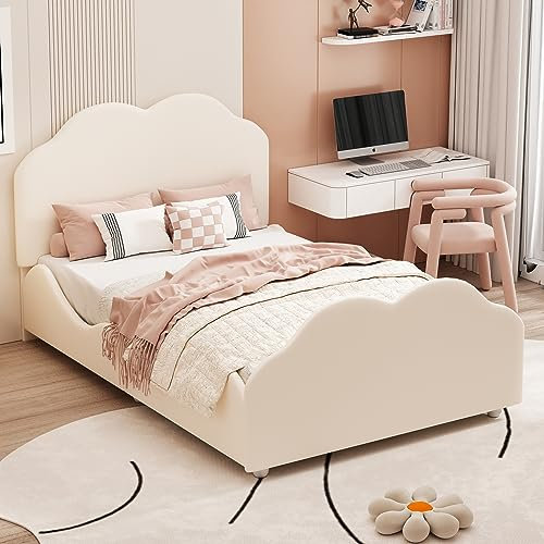 ABIN Polsterbett Kinderbett 90 x 200 cm hohes Geländer-Kinderbettgestell mit wolkenförmigem Kopf- und Fußteil. Einzelbett in hautfreundlichem Samt (Beige)