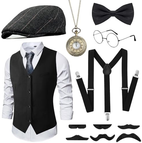 GOKINDOR 20er Jahre Kostüm Herren Accessoires, Peaky Blinders Kostüm Mafia Karneval Kostüm Herren, 20er Jahre Accessoires, Kostüme Kostüm Set Deko(L)