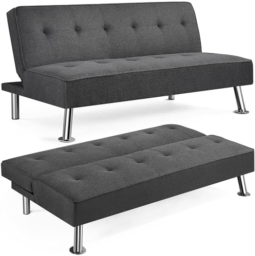 Yaheetech Divano Letto Divano Trasformabile in Letto Mobile Imbottito a 3 Posti Divanetto Reclinabile con Gambe in Metallo da Salotto Camera degli Ospiti Grigio Scuro