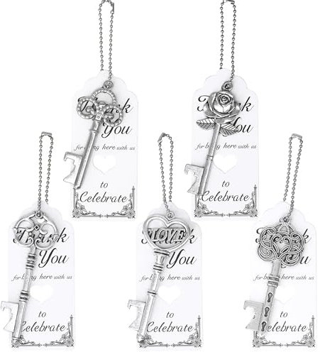 Aokbean 100 Pezzi Chiave Apribottiglie Vintage Portachiavi Matrimonio Bomboniera Anniversario con Biglietto di Ringraziamento e Catenina per Compleanno, Battesimo, Feste, Lauree (Argento Antico)