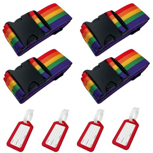 Diompirux 4 Stück Kofferbänder rutschfeste mit Kofferanhänger, Gepäckband Sicher Reisen, mit Adressschild und Namensschildern Koffer Zubehör, Verschließen der Koffers auf Reisen, Farb